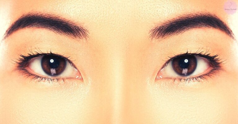 a close-up comparison of two eyes with and without enhanced, curled eyelashes for an eyelash curler demonstration