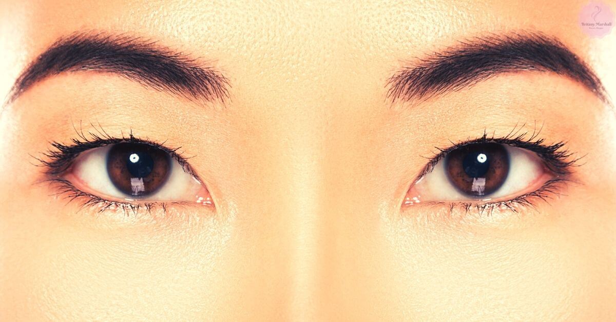 a close-up comparison of two eyes with and without enhanced, curled eyelashes for an eyelash curler demonstration