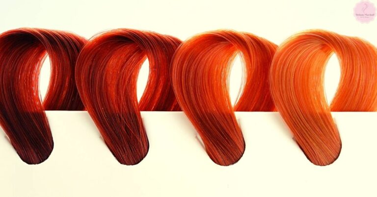 four strands of hair showing a gradient transition from dark brown to lightened reddish-orange tones.