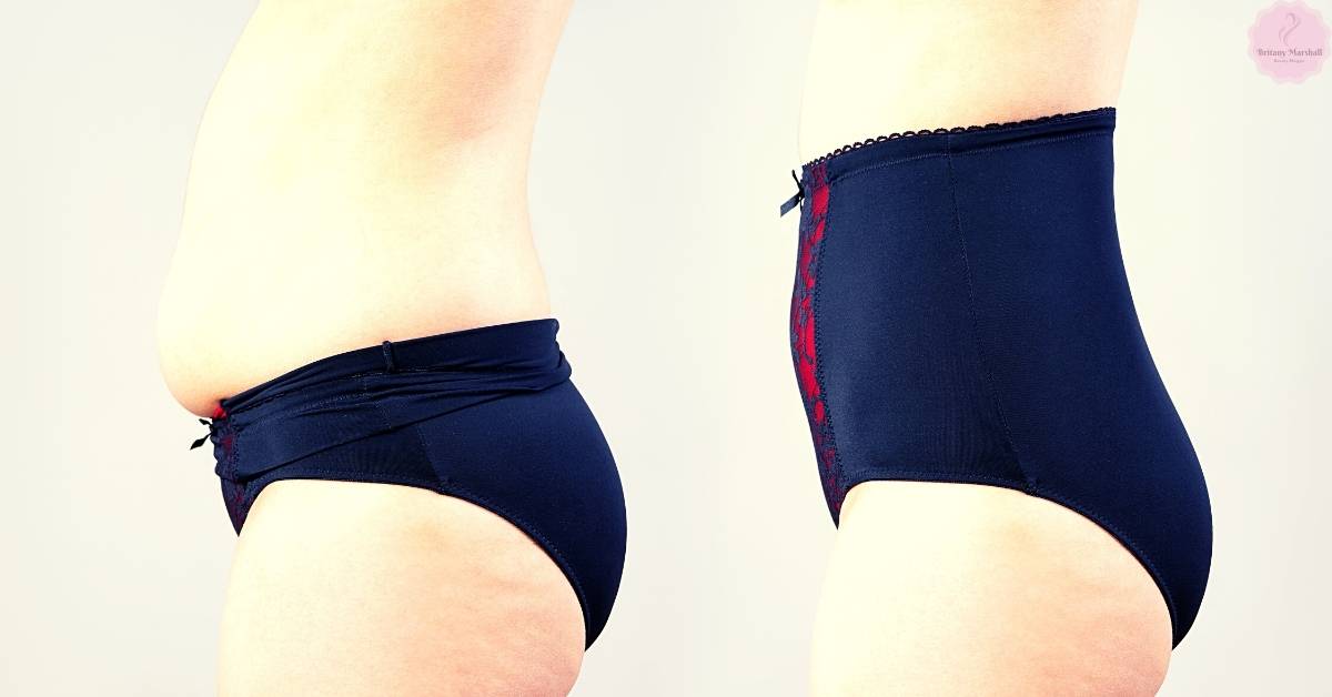 a high-waisted compression panty shapewear showing tummy and back smoothing with a criss-cross back design and side panels for waist slimming