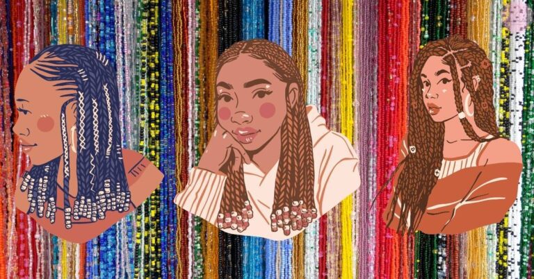three stylized illustrations of women showcasing knotless braids adorned with beads in vibrant, colorful backgrounds