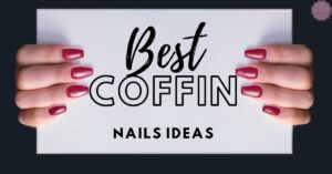 a pair of hands showcasing long acrylic coffin nails with a bold red manicure, set against a text overlay reading "Best Coffin Nails Ideas" for nail art inspiration.