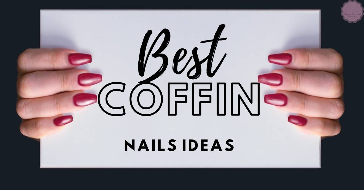 a pair of hands showcasing long acrylic coffin nails with a bold red manicure, set against a text overlay reading "Best Coffin Nails Ideas" for nail art inspiration.