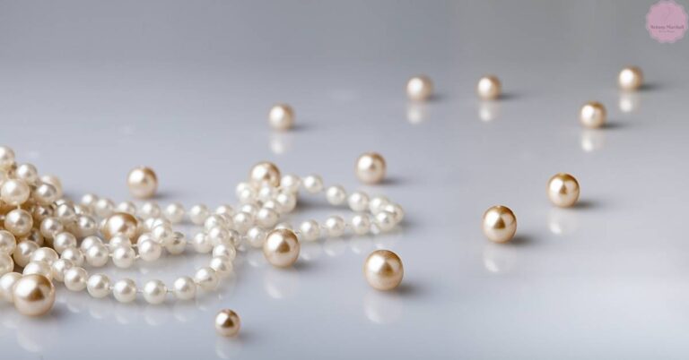 a close-up of delicate, iridescent pearl beads arranged in strands and scattered, showcasing natural pearlescence in cosmetics.