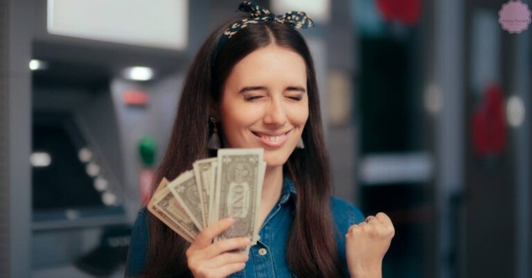 a smiling woman holding cash, showcasing potential earnings in a beauty industry career