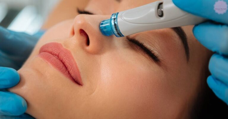 a person receiving a professional facial treatment using a Hydrafacial device on their nose area, with a skincare professional in blue gloves assisting