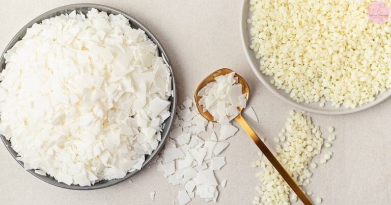 two bowls containing shredded soy wax flakes and small wax pellets for natural skincare use