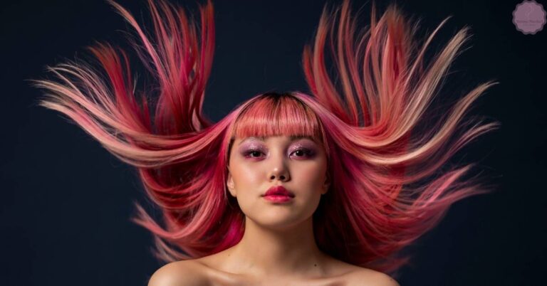 a person with voluminous, vibrant pink and blonde synthetic hair styled in dynamic, wing-like extensions against a dark background
