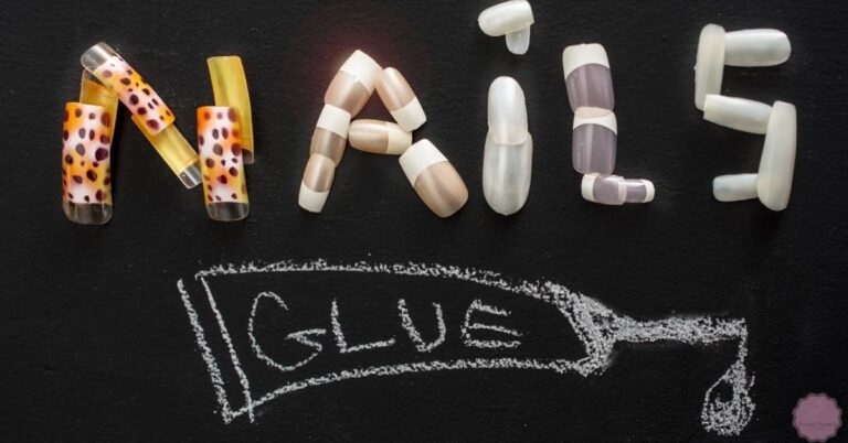 various types of nail glue capsules and pills arranged to spell "NAILS" with chalked text "GLUES" and a dripping glue icon below.