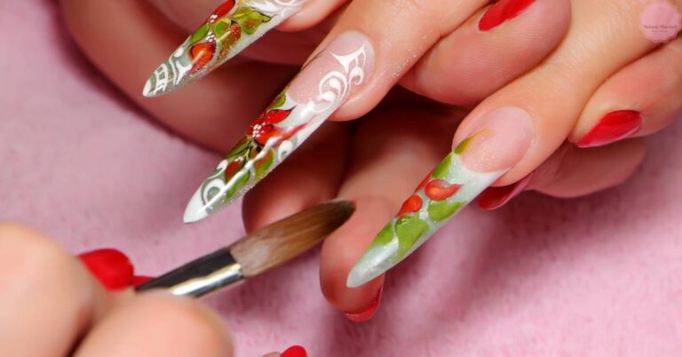 trendy baddie acrylic nails with floral and fruit designs in pastel and bright colors, showcasing an edgy, artistic manicure style