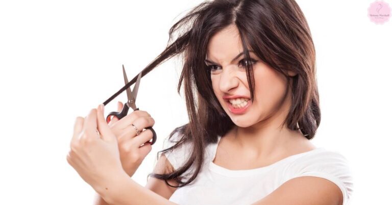a woman dramatically holding texturizing scissors near her hair, mimicking a bold wolf cut transformation