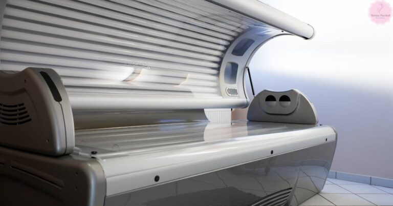 a modern tanning bed with adjustable headrest and UV lamp, highlighting tanning equipment design