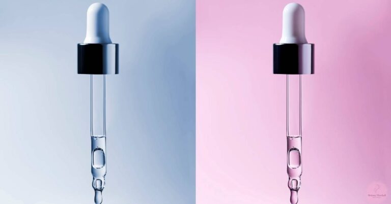 two eyelash serum droppers with clear liquid, one against a light blue and the other against a pink gradient background