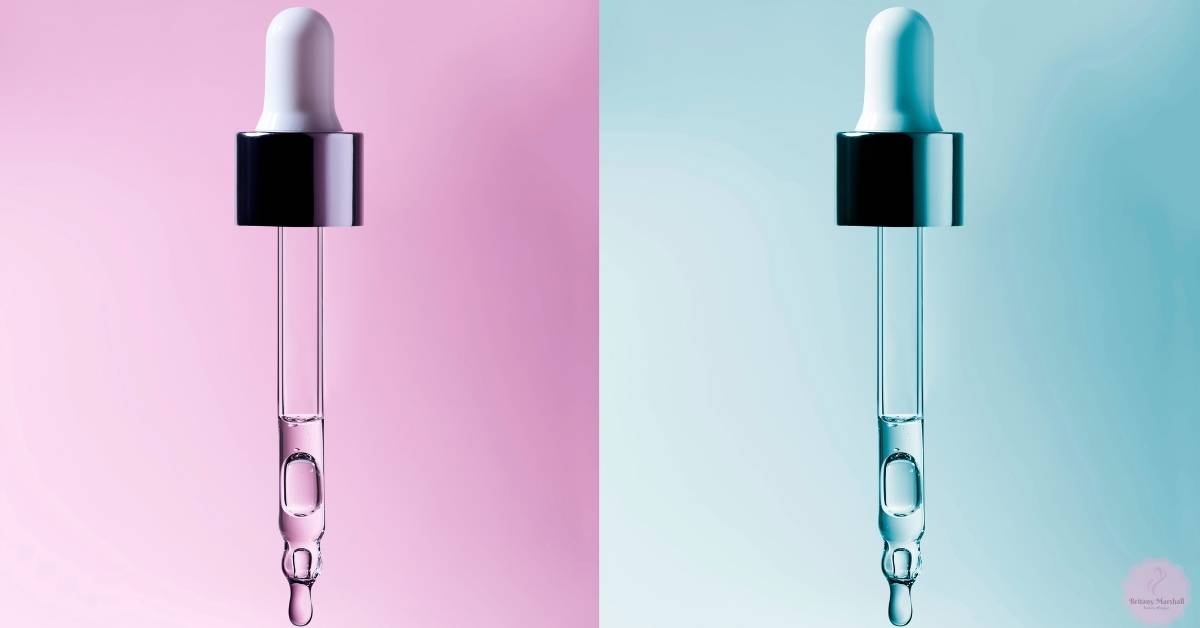 two eyelash growth serum droppers, Rapidlash on pink background and Grandelash on teal, side-by-side comparison.