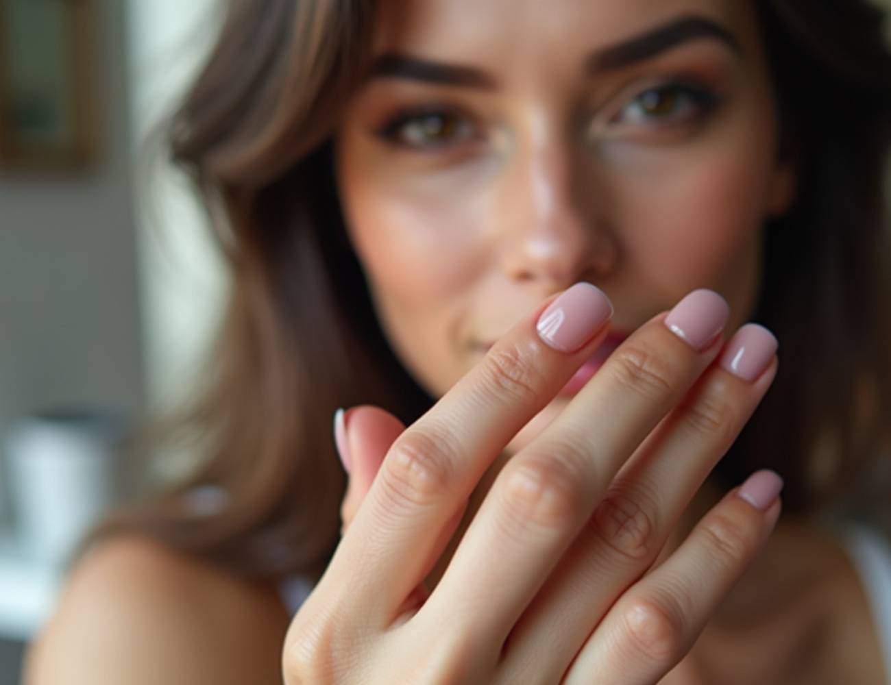 a person gently covering their mouth with one hand, showcasing light pink nail polish that may indicate sensitivity or discomfort after nail treatments