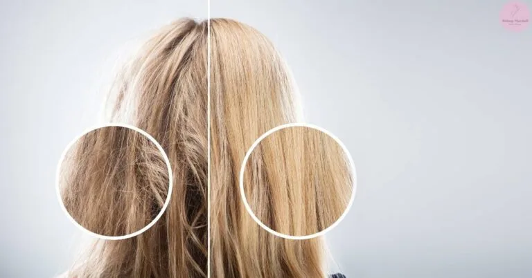 a side-by-side comparison of hair texture before and after treatment, highlighting smoother, shinier strands.