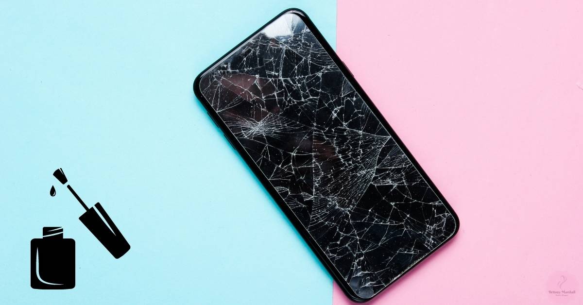 a cracked smartphone screen with spiderweb damage next to an illustration of nail polish dripping from a bottle, suggesting a DIY repair attempt.