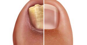 a before-and-after comparison of a discolored, thickened nail likely due to fungal infection and its restored healthy appearance post-treatment