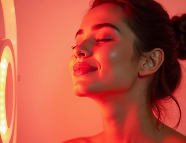 a person receiving red light therapy with eyes closed, illuminated by warm red tones.