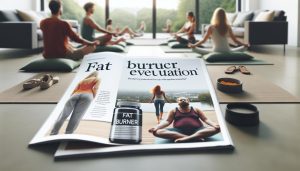 a Burn Evolved advertisement poster placed on yoga mats in a modern wellness studio, showing before/after fitness imagery and a bottle labeled "fat burner" alongside people practicing yoga.