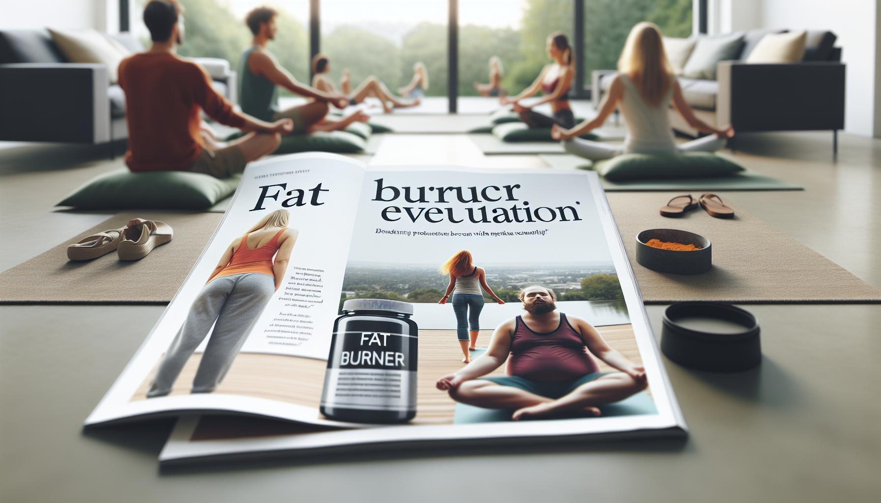a Burn Evolved advertisement poster placed on yoga mats in a modern wellness studio, showing before/after fitness imagery and a bottle labeled "fat burner" alongside people practicing yoga.
