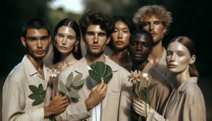 a group of diverse mannequin models holding flowers and green leaves, dressed in light-colored lab coats or shirts.
