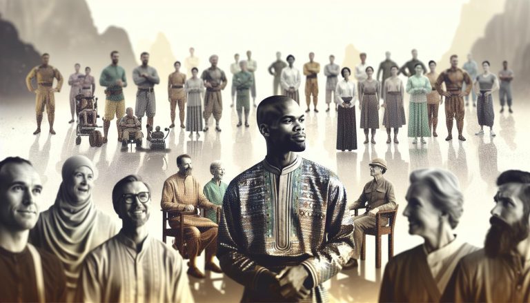 a diverse group of stylized figures in varied attire, with one central figure in ornate, reflective clothing, symbolizing natural compounds and historical or cultural significance.