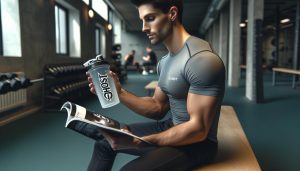 a focused athlete sitting in a gym holding a shaker bottle with Ghost Whey Protein and reviewing a notebook post-workout.