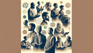 a diverse group of individuals engaged in thoughtful, reflective poses, symbolizing personal growth and wellness, surrounded by intricate global patterns.