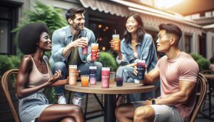 four people sitting outdoors at a table enjoying colorful ketone drinks with "Pruvit" branding, smiling and engaging in conversation.