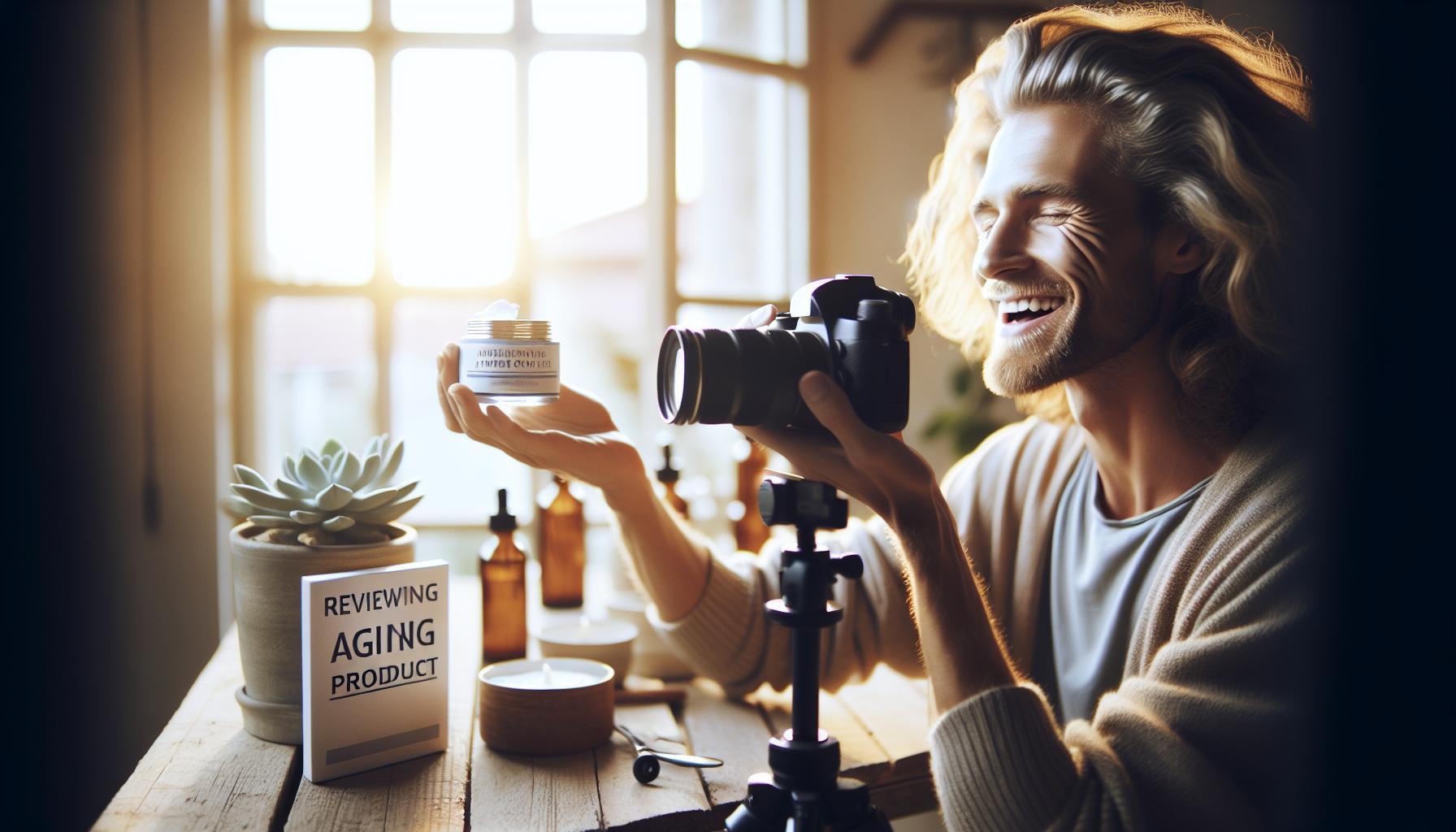 a man happily reviewing an anti-aging supplement jar while holding a camera, with a sign reading "reviewing aging product" in a bright, natural-lit room.