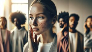 a person with acne-prone skin showcasing texture differences before and after using a skincare treatment, highlighting facial clarity.