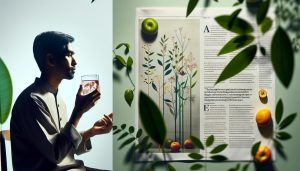 a man holding a glass with preserved botanicals, examining a detailed herbal infographic featuring plants like dandelion and fruits, suggesting natural dietary supplement benefits for metabolism and energy.