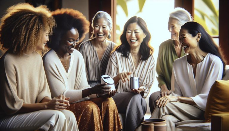 a group of diverse women laughing together while holding handheld skincare devices, suggesting a social, joyful setting for discussing beauty routines.