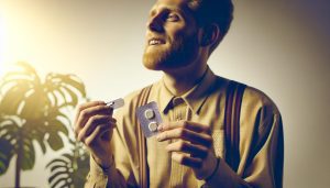 a person holding a small, high-tech pain relief patch resembling micro-capacitor technology against a sunlit plant background
