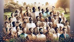 a cheerful, diverse group of smiling individuals in a lush, sunlit garden setting.