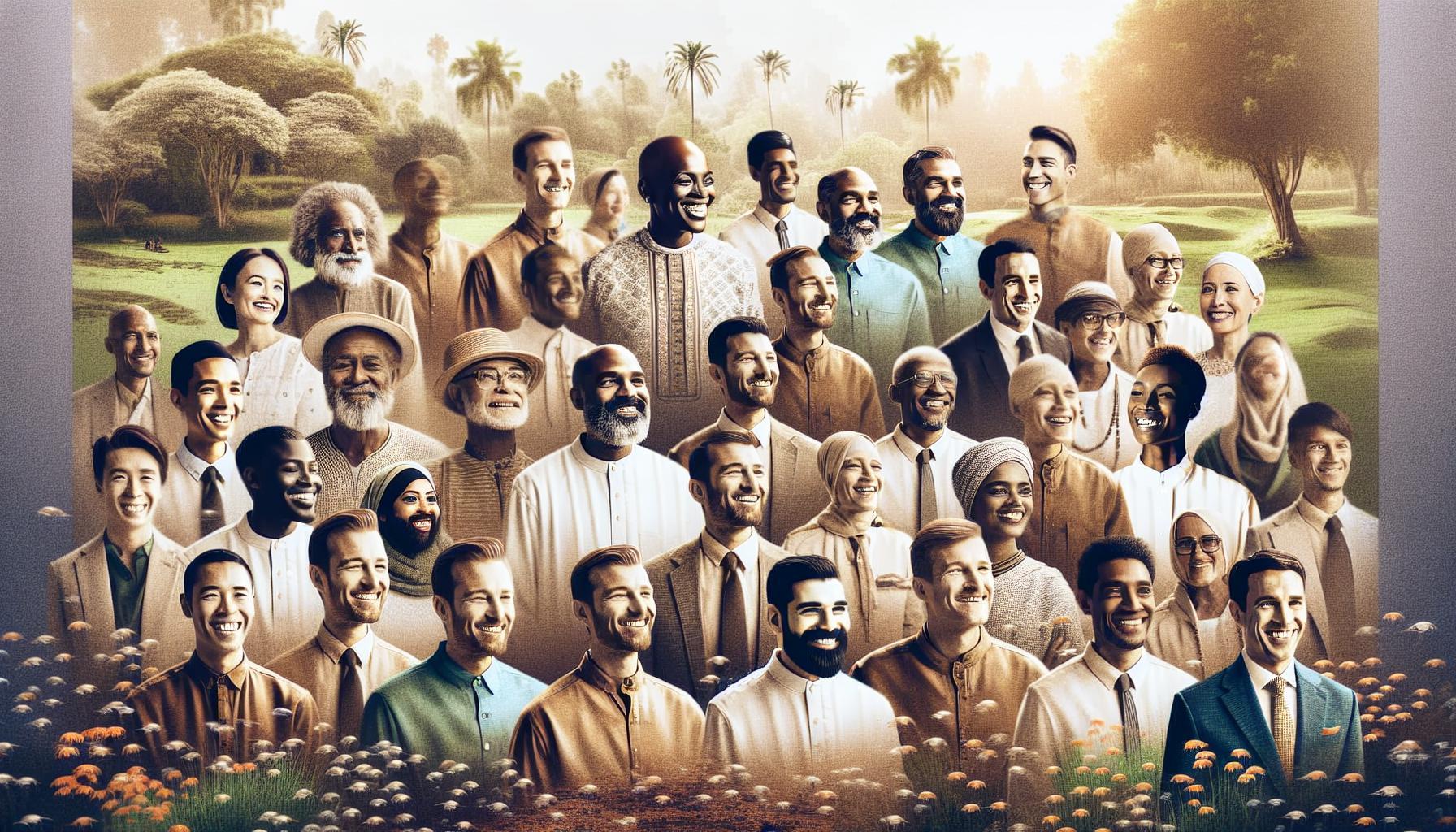 a cheerful, diverse group of smiling individuals in a lush, sunlit garden setting.