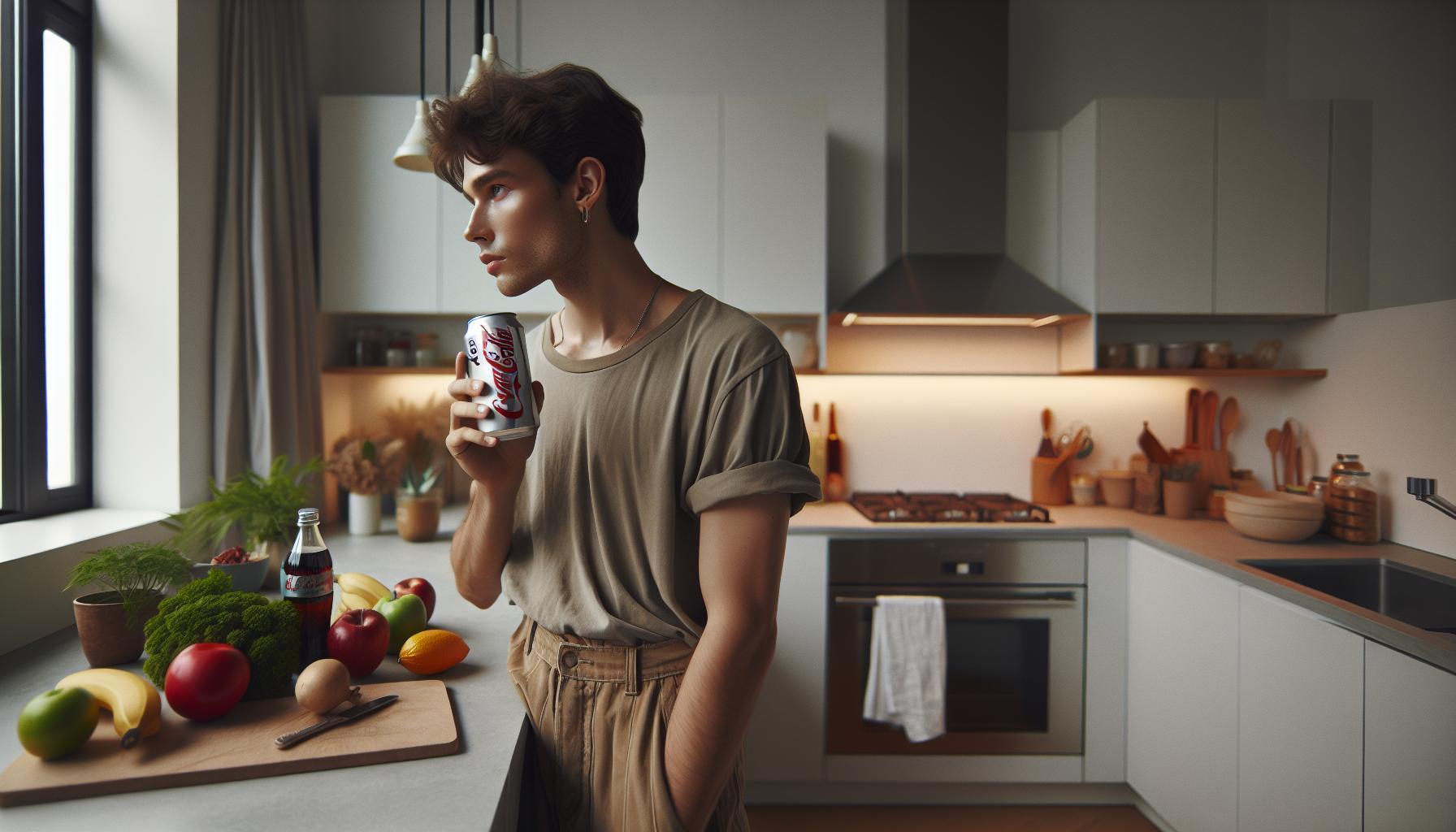 a person holding a can of Coke Zero in a modern kitchen with fresh fruit and vegetables on the counter.