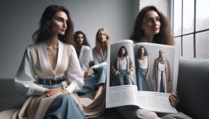 a woman reviewing a magazine featuring fashion spreads with women modeling stylish, layered clothing and accessories.