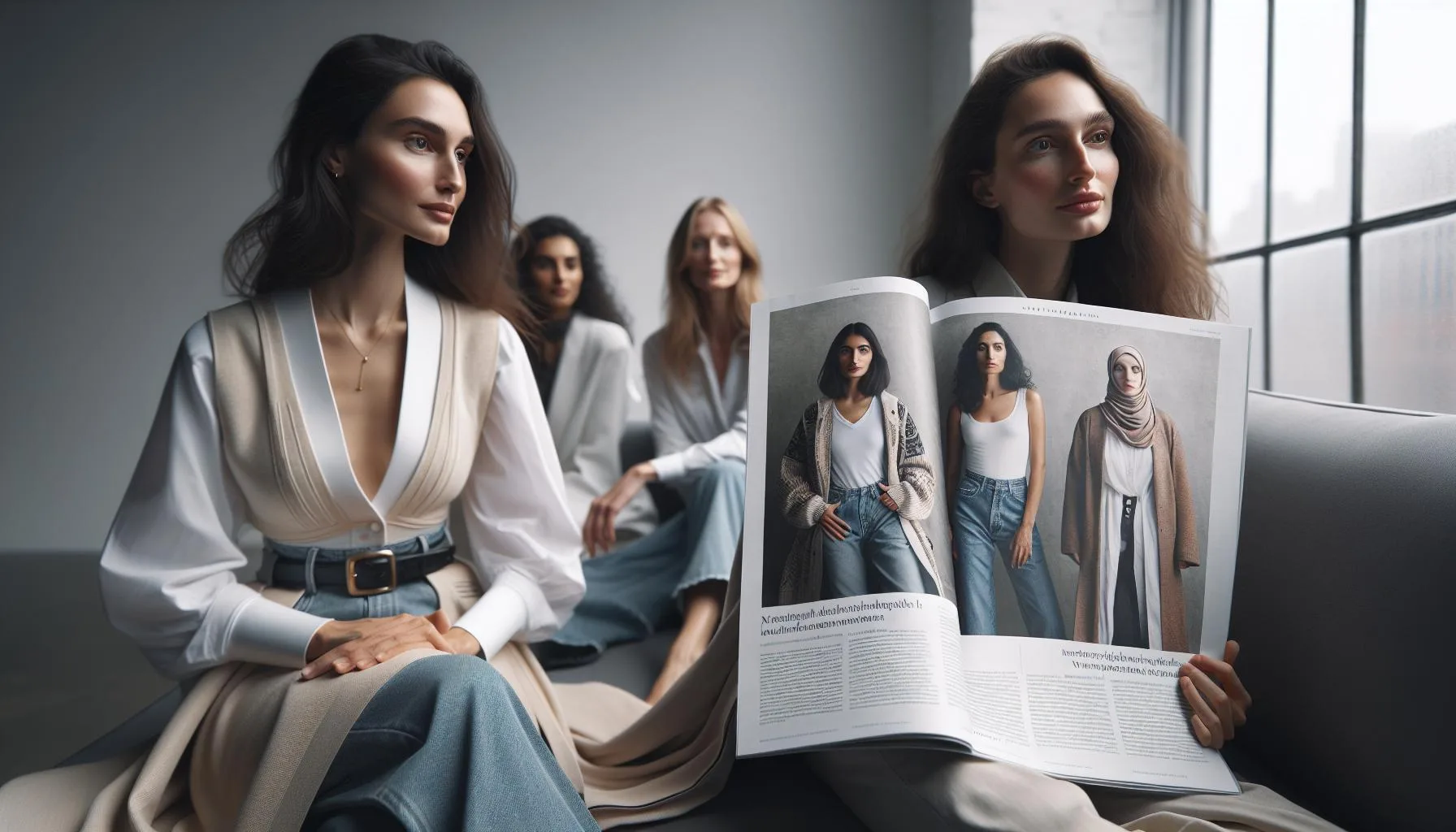 a woman reviewing a magazine featuring fashion spreads with women modeling stylish, layered clothing and accessories.