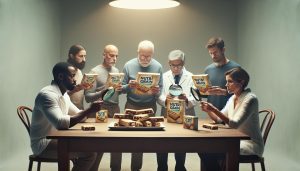 a group of diverse individuals scrutinizing Nutri Grain bar packaging with magnifying glasses, examining snacks on a table.