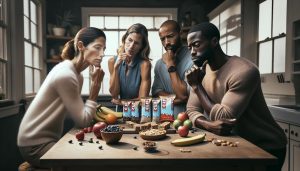 a group thoughtfully examining a table of healthy snacks including Clif Bars, fresh fruit, nuts, and granola bars in a cozy kitchen setting.