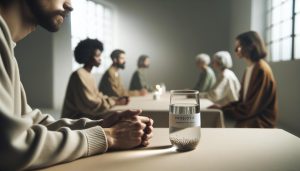 a group discussing around a table with a jar labeled "probiotic" containing synbiotic seeds, emphasizing gut health dialogue.