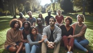 a diverse group of people sitting and standing thoughtfully in a park, sharing emotional expressions and support.