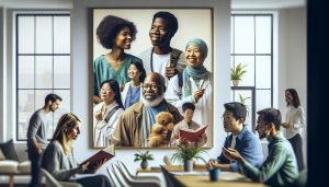 a diverse group of happy healthcare professionals and students gathered around a central portrait, celebrating nutrient-dense foods and community support in a modern office setting.
