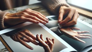 a pair of hands holding a printed magazine page highlighting a before-and-after comparison of nails undergoing antifungal treatment for fungal overgrowth.