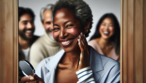 a smiling woman holding a compact mirror, showcasing a radiant, wrinkle-free look while others in the background react joyfully.
