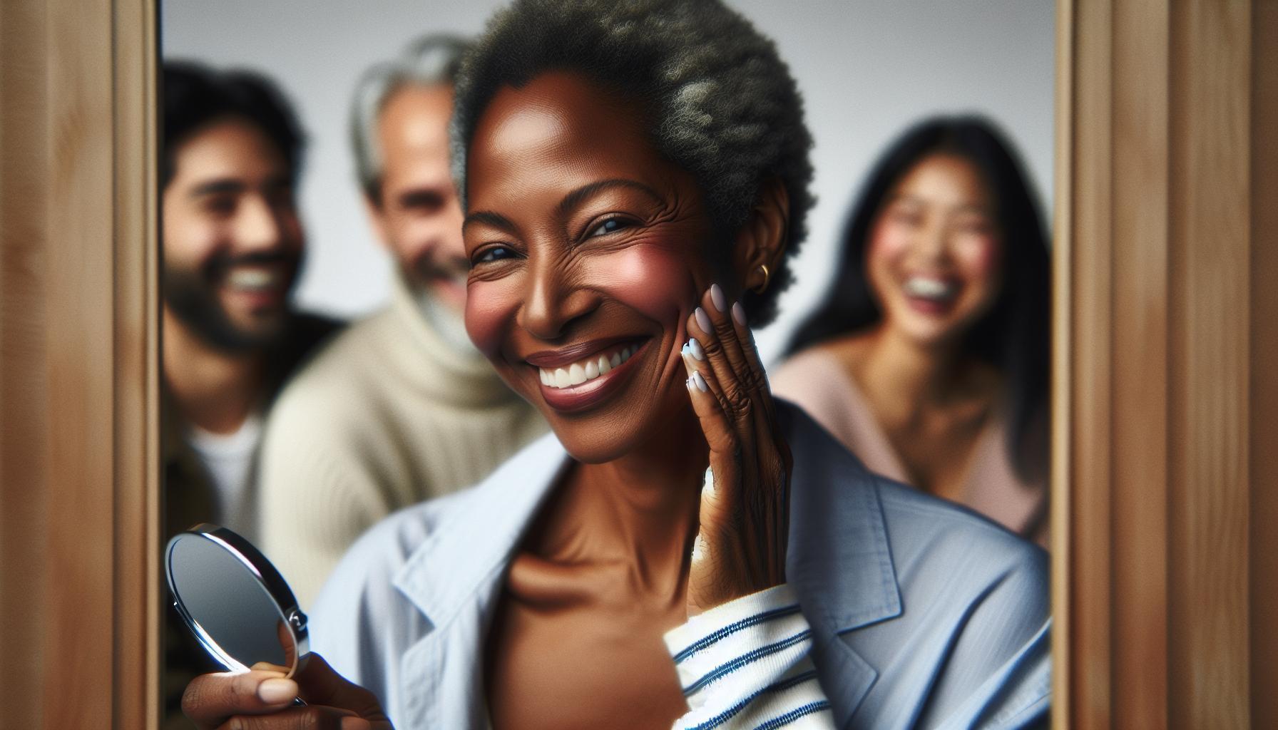 a smiling woman holding a compact mirror, showcasing a radiant, wrinkle-free look while others in the background react joyfully.
