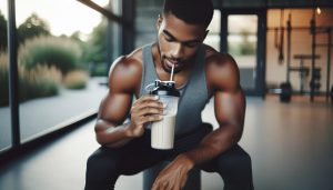 a person drinking a protein shake with a shaker bottle, showcasing muscular arms in a gym setting.