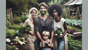 a happy family standing in a lush organic garden holding fresh vegetables and jars, showcasing natural, plant-based harvest.